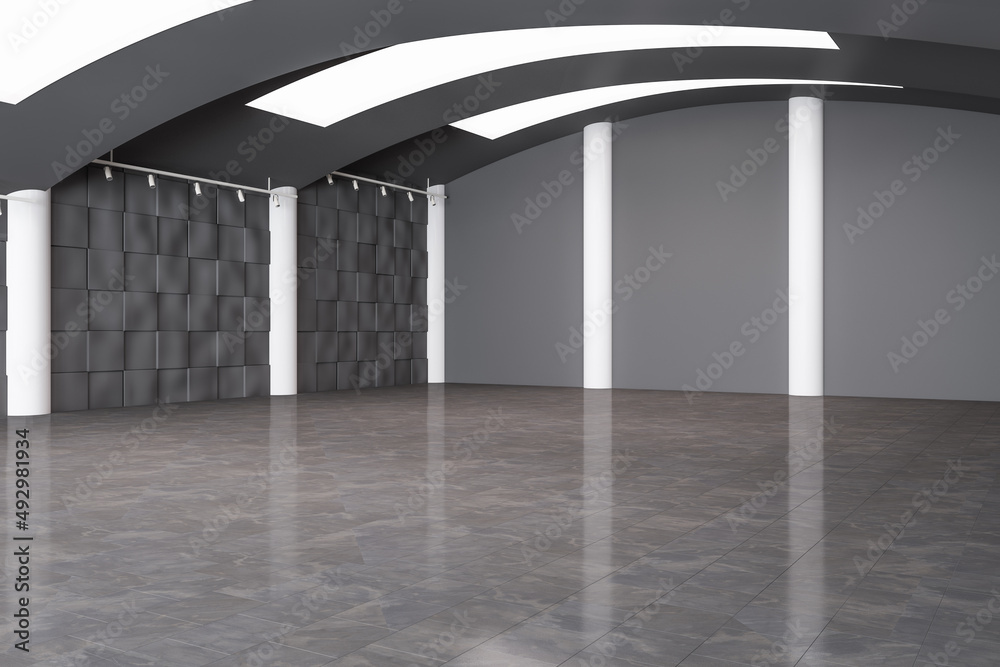 Modern spacious black concrete hangar interior with clean mock up place on wall. Space and design co