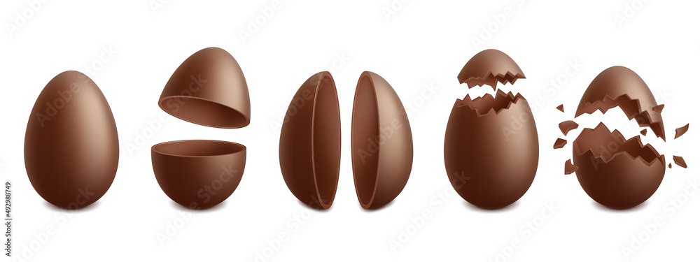 逼真的巧克力复活节彩蛋，春节惊喜。蛋壳碎蛋，节日巧克力