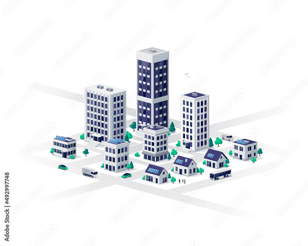 带商业住宅的智能现代城市插图。家庭住宅，工作办公室w