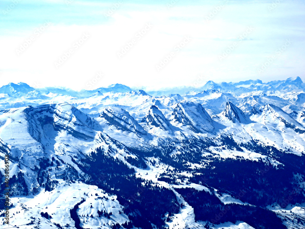 Snowy peaks of the Swiss alpine mountain range Churfirsten (Churfürsten or Churfuersten) in the Appe