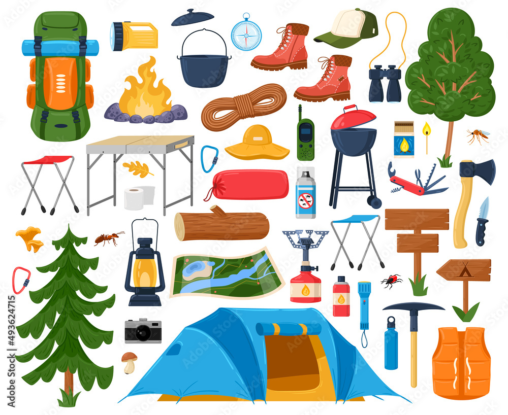 Cartoon hiking equipment, tourist camping campfire, tent and sleeping bag. Torch lighter, binoculars