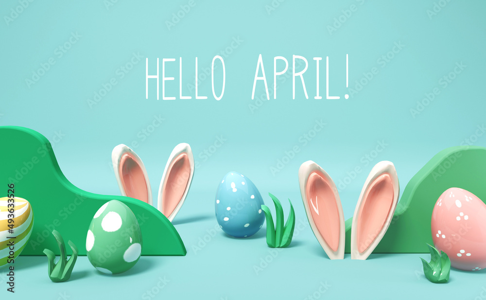 带兔子耳朵和复活节彩蛋的四月问候消息