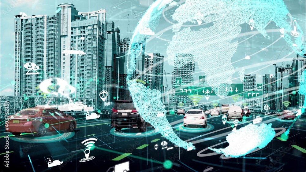 新城市道路上未来汽车交通的智能交通技术概念。虚拟智能