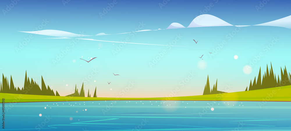 早上海岸上的湖泊、绿草和针叶树。夏天的矢量卡通插图