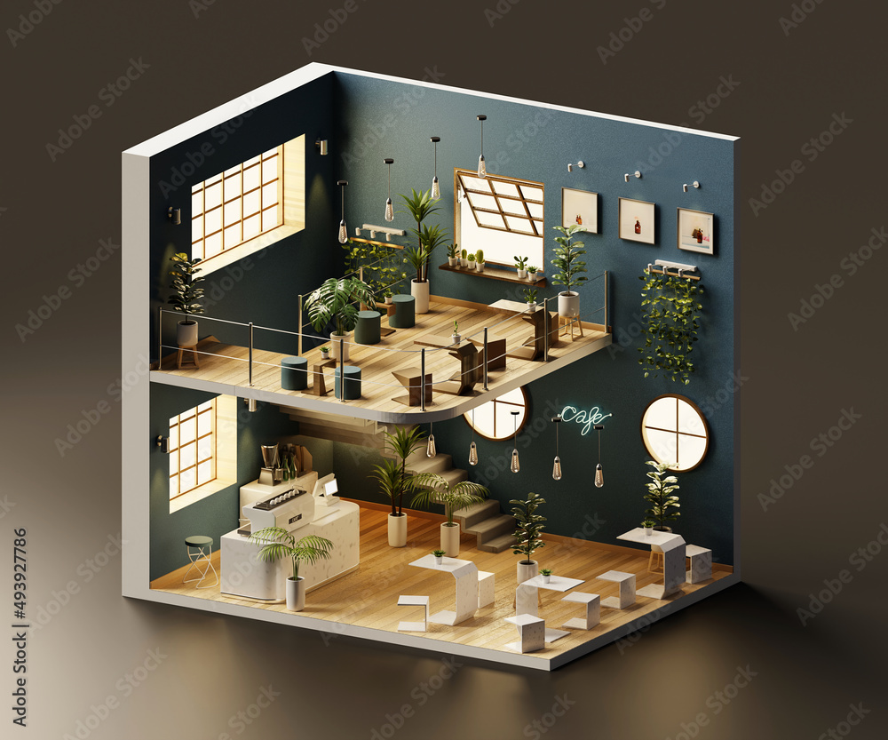 室内建筑内开放的等距视图最小咖啡店，三维渲染。