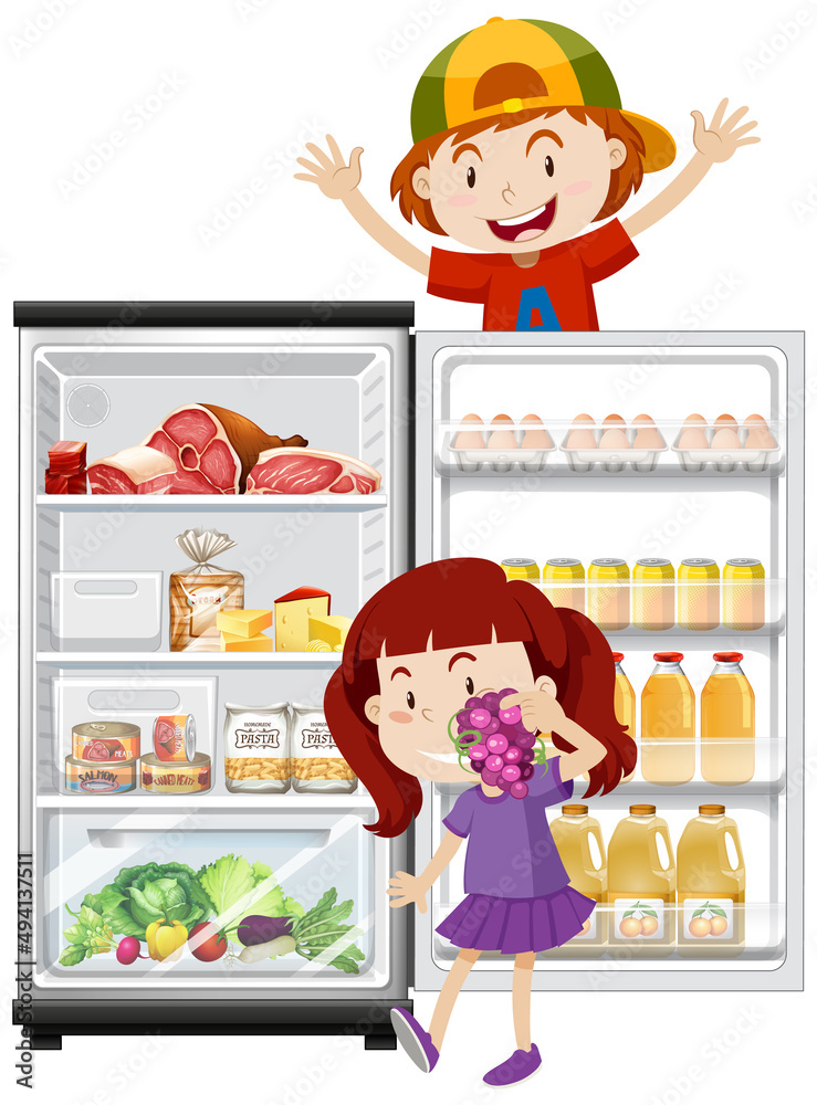 孩子和冰箱里有很多食物。