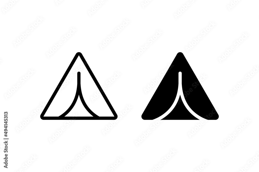 线性和黑白帐篷徽标，用于旅行、露营、旅行和户外娱乐。帐篷图标