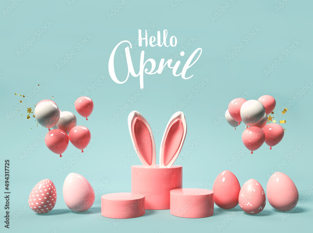 Hello April message with rabbit ears，eggs and balls-3D render四月你好，兔子耳朵、鸡蛋和气球-3D渲染