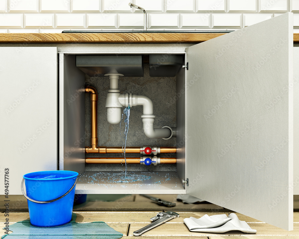 水槽下面的一个聚氯乙烯弯头漏水，把水滴在地板和厨房家具上，水流湍急