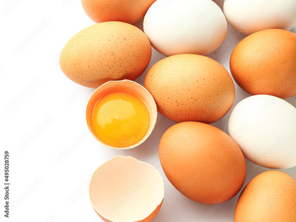 Natural chicken eggs on white background