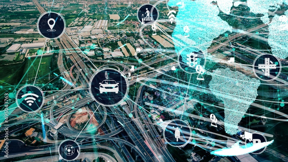 新城市道路上未来汽车交通的智能交通技术概念。虚拟智能