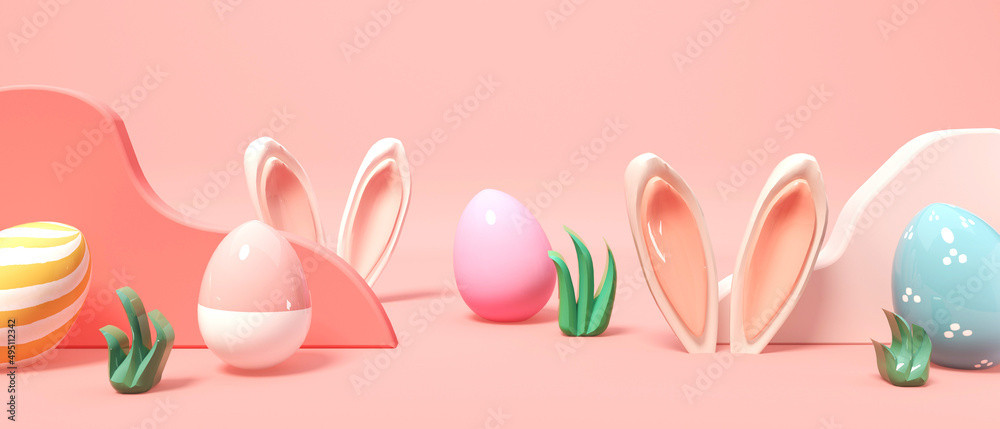 复活节假期主题，带装饰和兔子耳朵-3d渲染