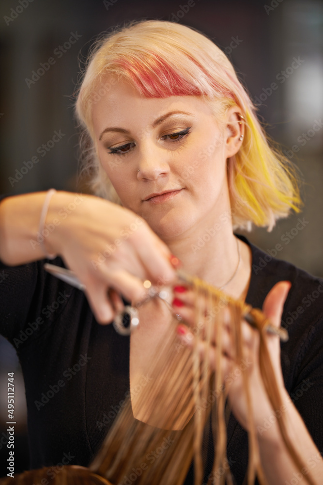 Expert at work. Cropped shot of a female hairdresser cutting a clients hair.