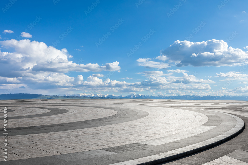 Empty square floor and mountain with sky cloud landscape