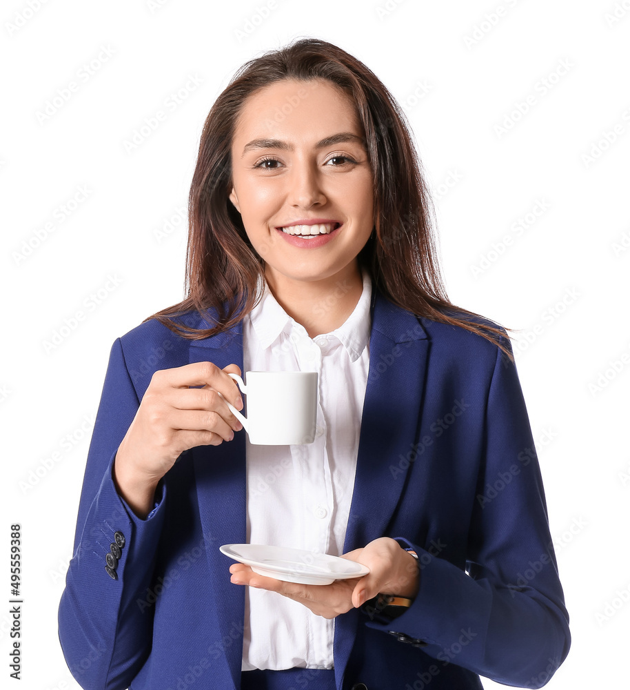 年轻秘书的肖像，一杯咖啡被隔离在白色上
