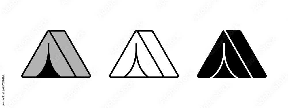 线性黑白和灰色帐篷标志，用于旅行、露营、旅行和户外娱乐。帐篷i