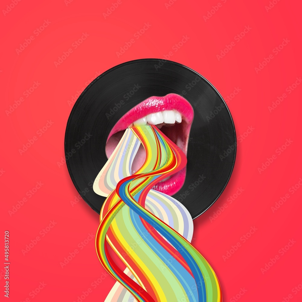 艺术风格。彩虹之路黑胶唱片的当代艺术拼贴。艺术、音乐、时尚的概念