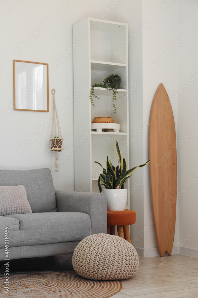 带木制冲浪板、搁架和室内植物的轻型客厅内部
