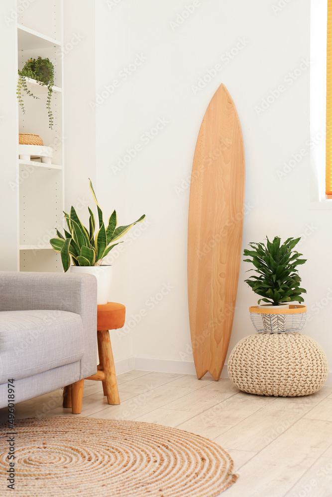 客厅浅色墙壁附近的木质冲浪板、袋和室内植物