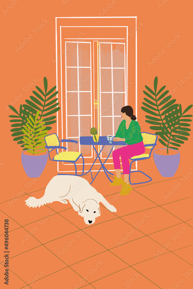 年轻时尚的女人带着她的狗坐在大楼附近的咖啡馆露台上。F的概念