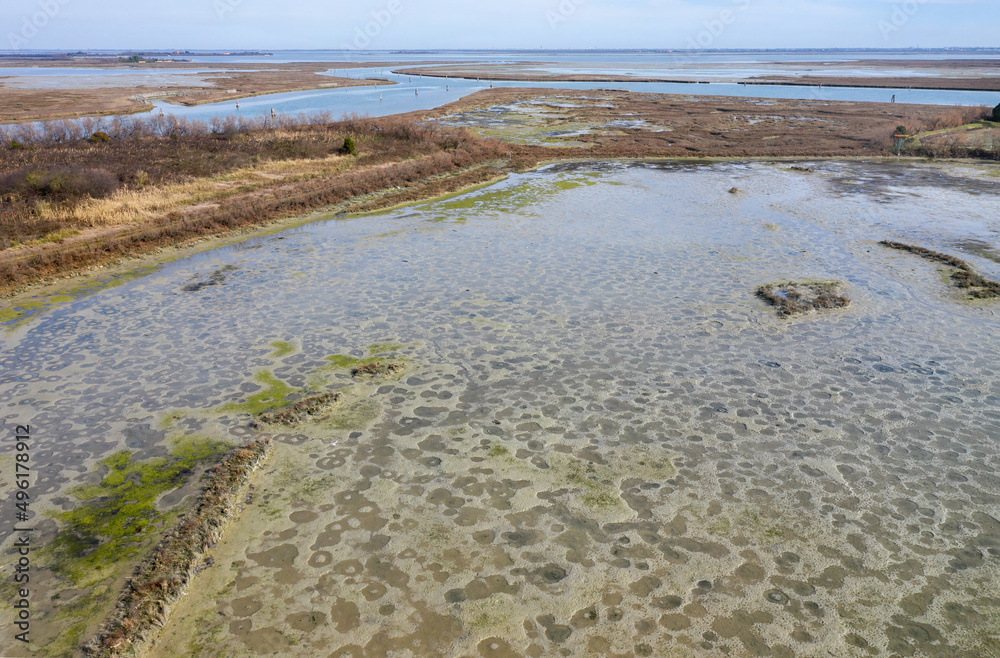 Coastal salt marshes and mudflats of Torcello island in the Lagoon of Venice, Italy