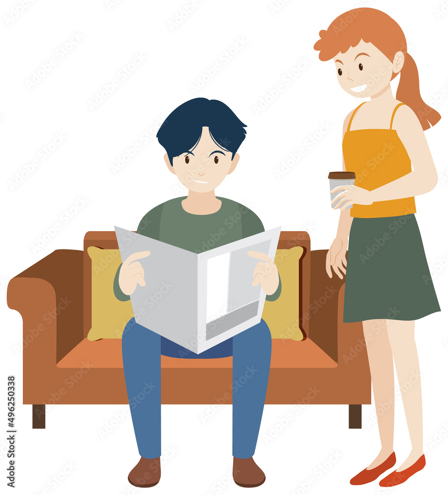 A man reading newspaper and woman holding coffee flat design