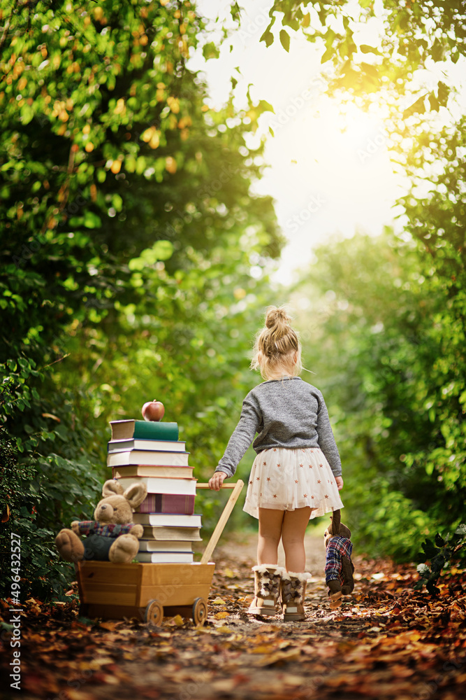 被吸引到她的自然环境。一个小女孩拉着装满书的玩具车的镜头