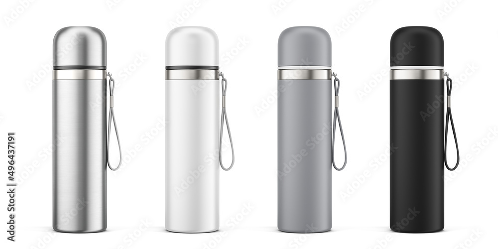 白色、灰色、黑色和银色中空光泽金属保温水瓶，白色隔离。3d渲染图