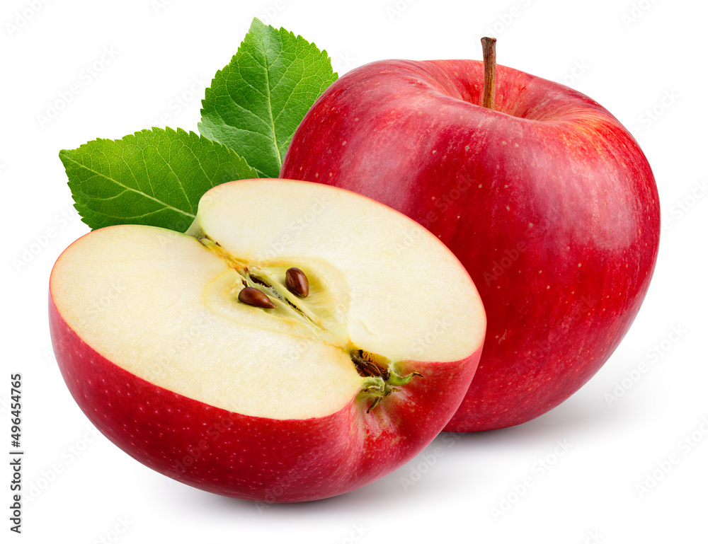 半个苹果，红苹果分离。白底绿叶苹果。带夹子的红苹果