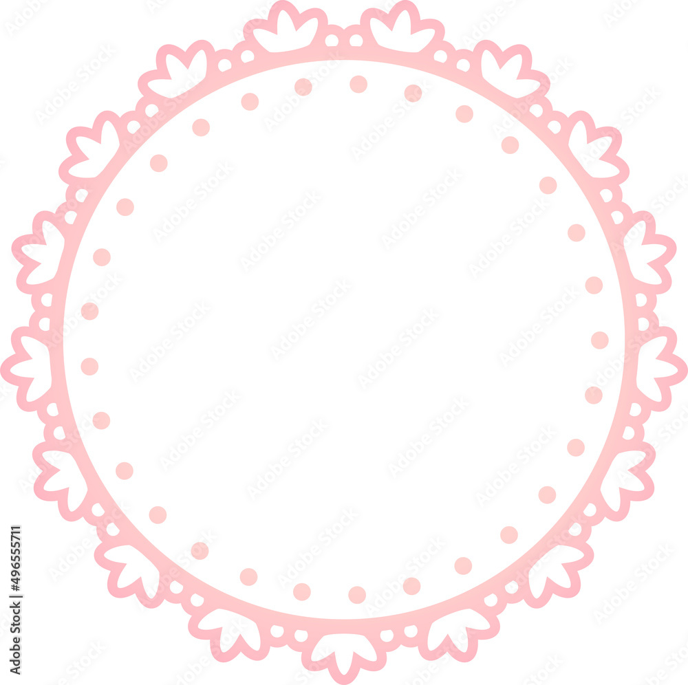 円形のフレーム　ドットと葉　ピンク