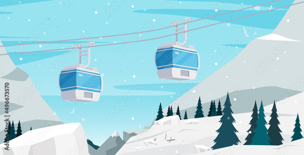滑雪者和游客乘坐缆车登上雪山。