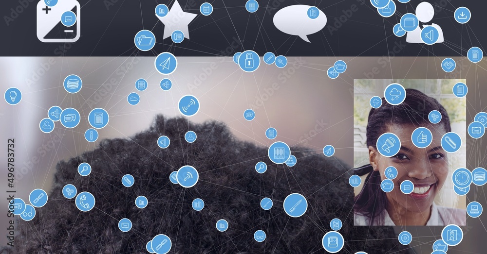 Composition of network of connections with digital icons over businesswoman on video call