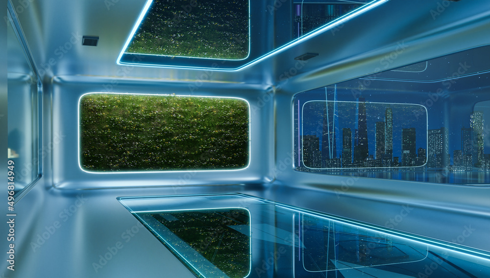 现代未来主义室内办公室设计，配绿色墙面植物