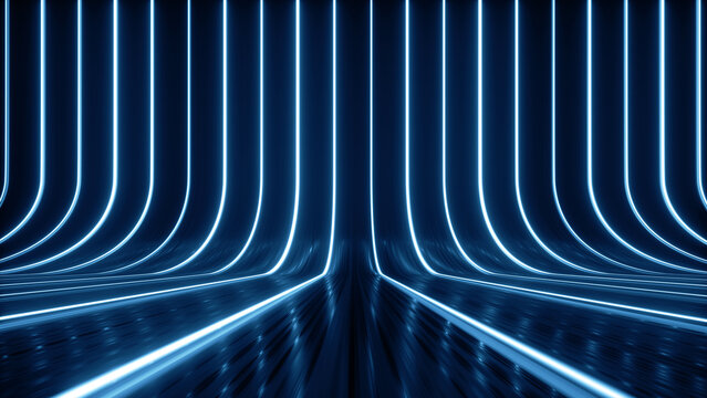 3d render, abstract background with blue neon lines glowing in the dark, empty virtual space with floor reflections