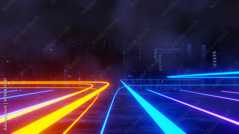 赛博朋克夜城市景观概念的三维渲染图。黑暗场景中发光。夜生活。科技