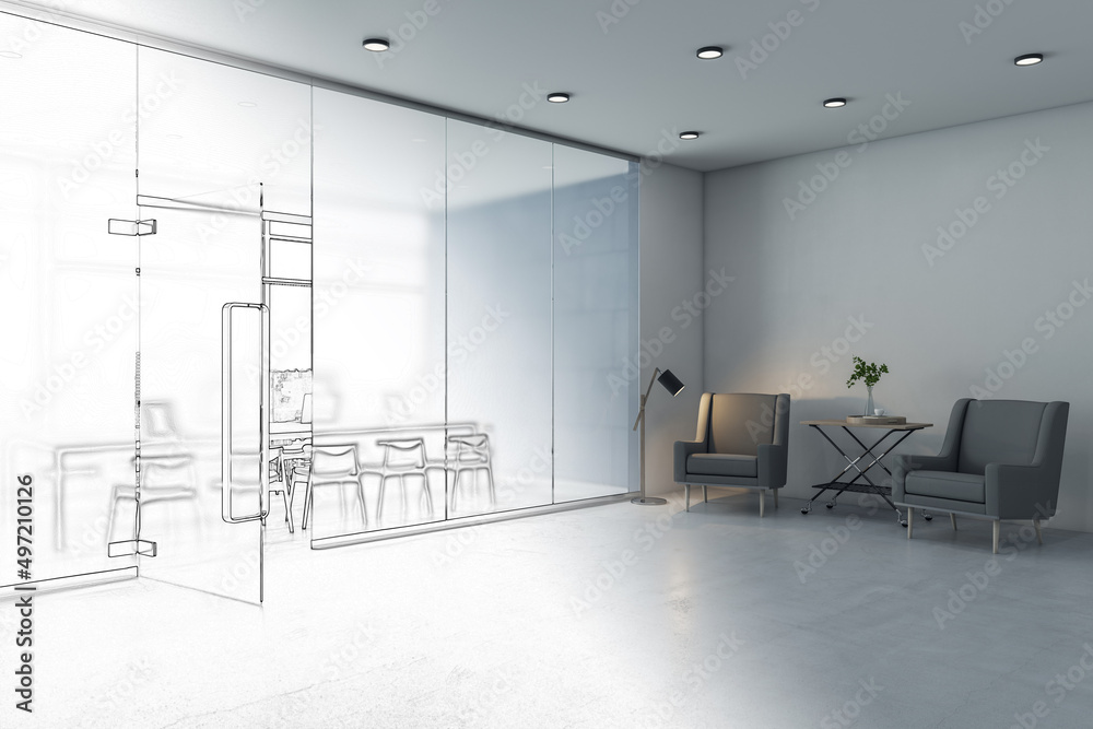 哑光隔断玻璃、家具、设备和城市的现代混凝土办公室内草图