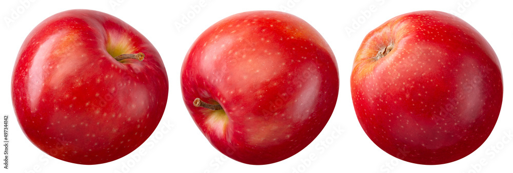 白色背景上的苹果。黄色侧面隔离的红色苹果。一组红色苹果，带修剪路径。