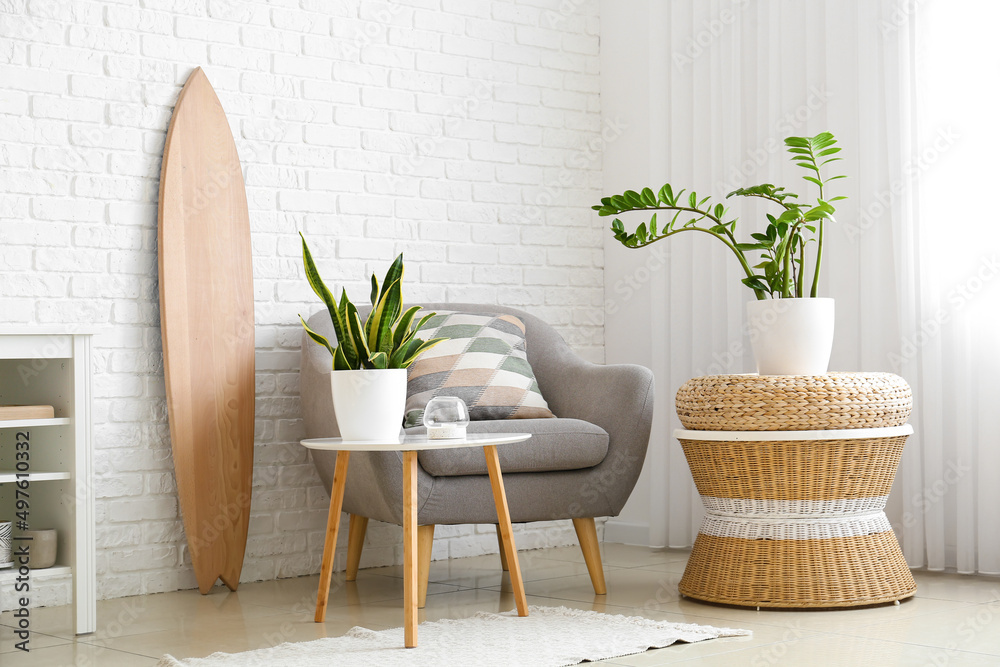 带木制冲浪板、扶手椅和室内植物的浅色客厅内部