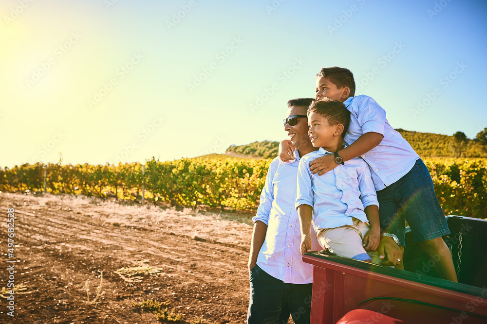 欣赏风景。一位快乐的父亲和他的两个年幼的儿子在一起度过美好时光的照片。