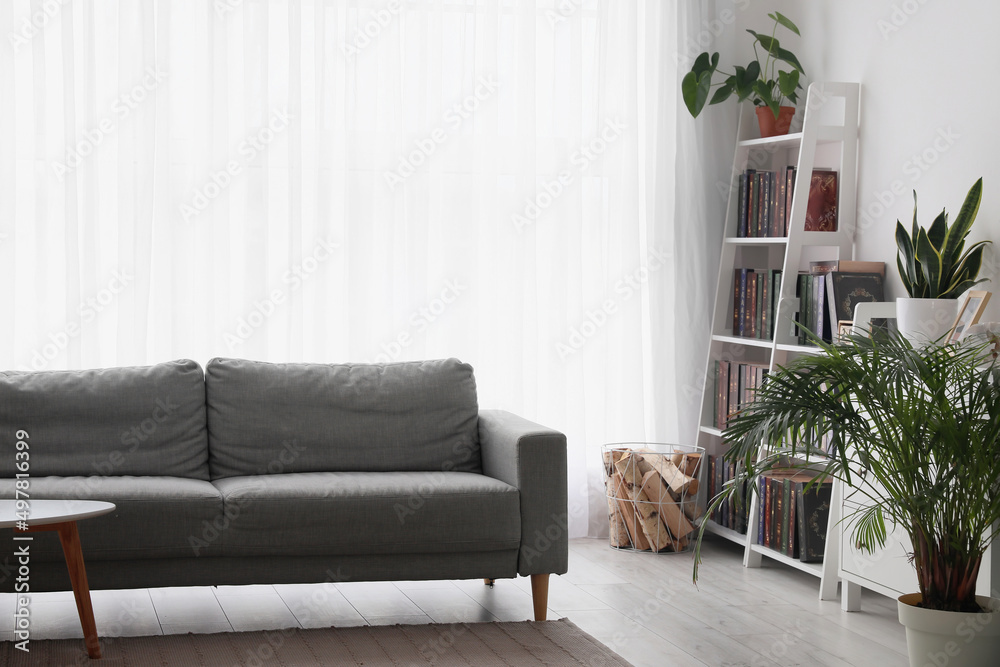 Bookcase with sofa in modern interior of room