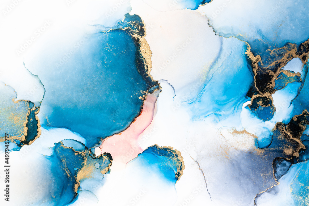 纸上大理石液体墨水艺术画的奢华蓝色抽象背景。原始艺术的图像