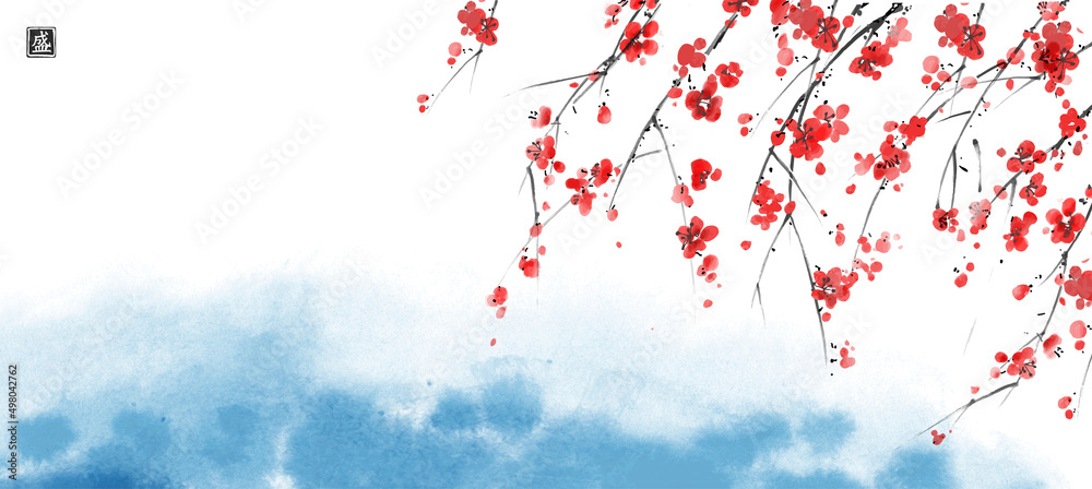蓝色水面上盛开的日本樱花梅的水墨画。传统的东方水墨画