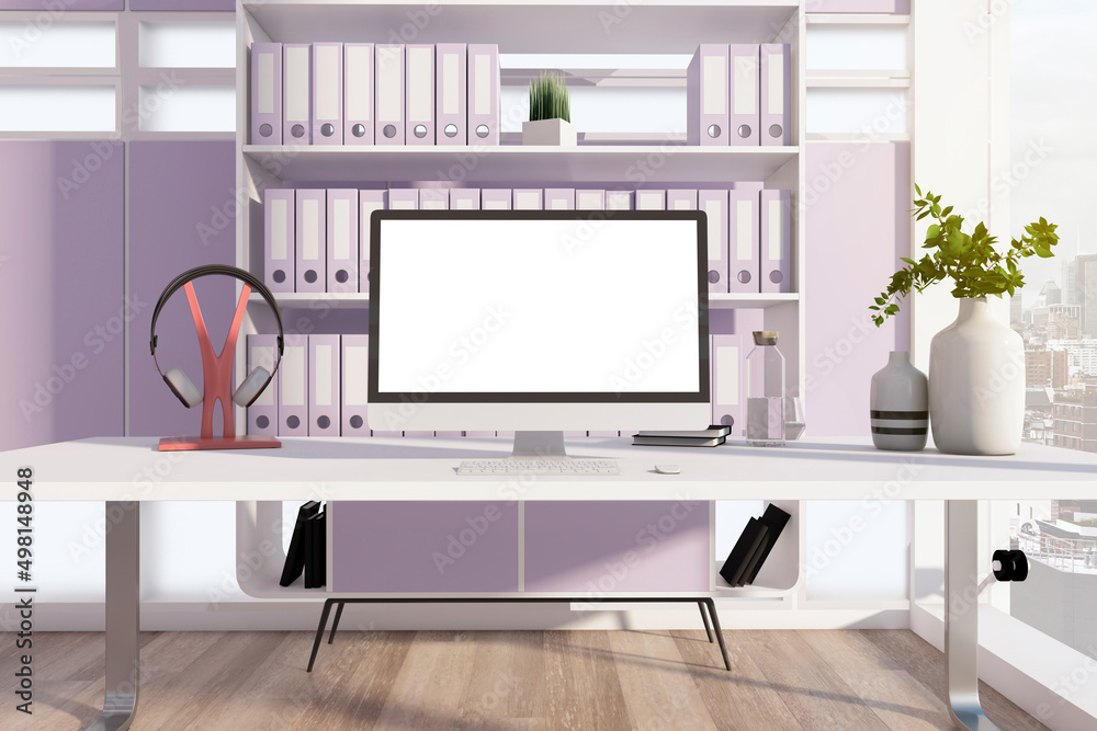 Clean designer office desktop in interior with bookshelf, mock up computer monitor and other decorat
