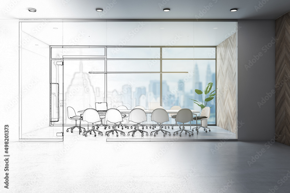 现代混凝土和木制玻璃会议室室内手绘草图，带窗户和模糊