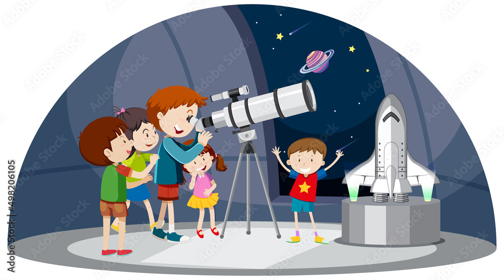 孩子们看望远镜的天文学主题