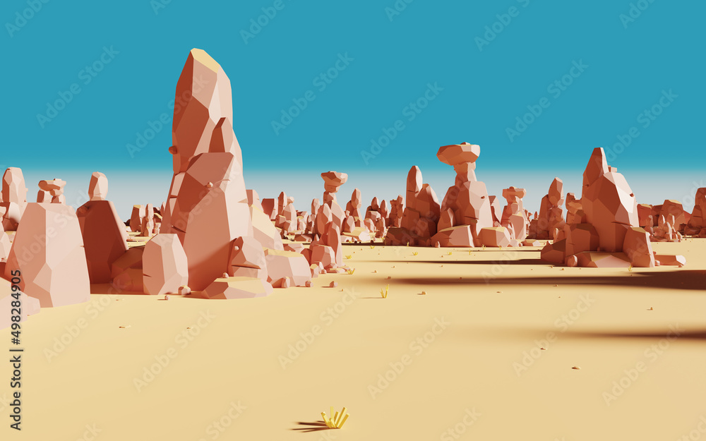 卡通岩石与沙漠，三维渲染。