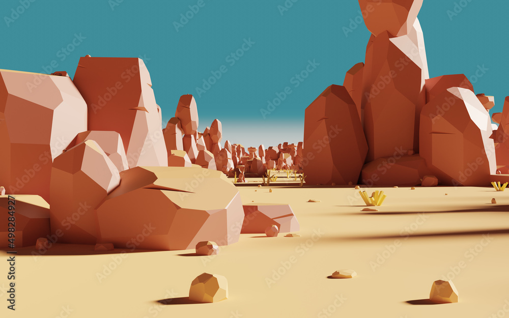 卡通岩石与沙漠，3d渲染。