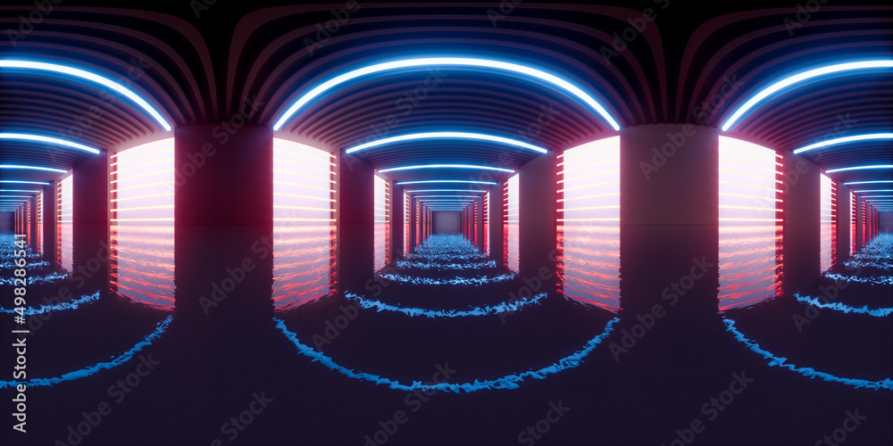 黑暗隧道，未来主义概念，三维渲染。360度无缝全景。