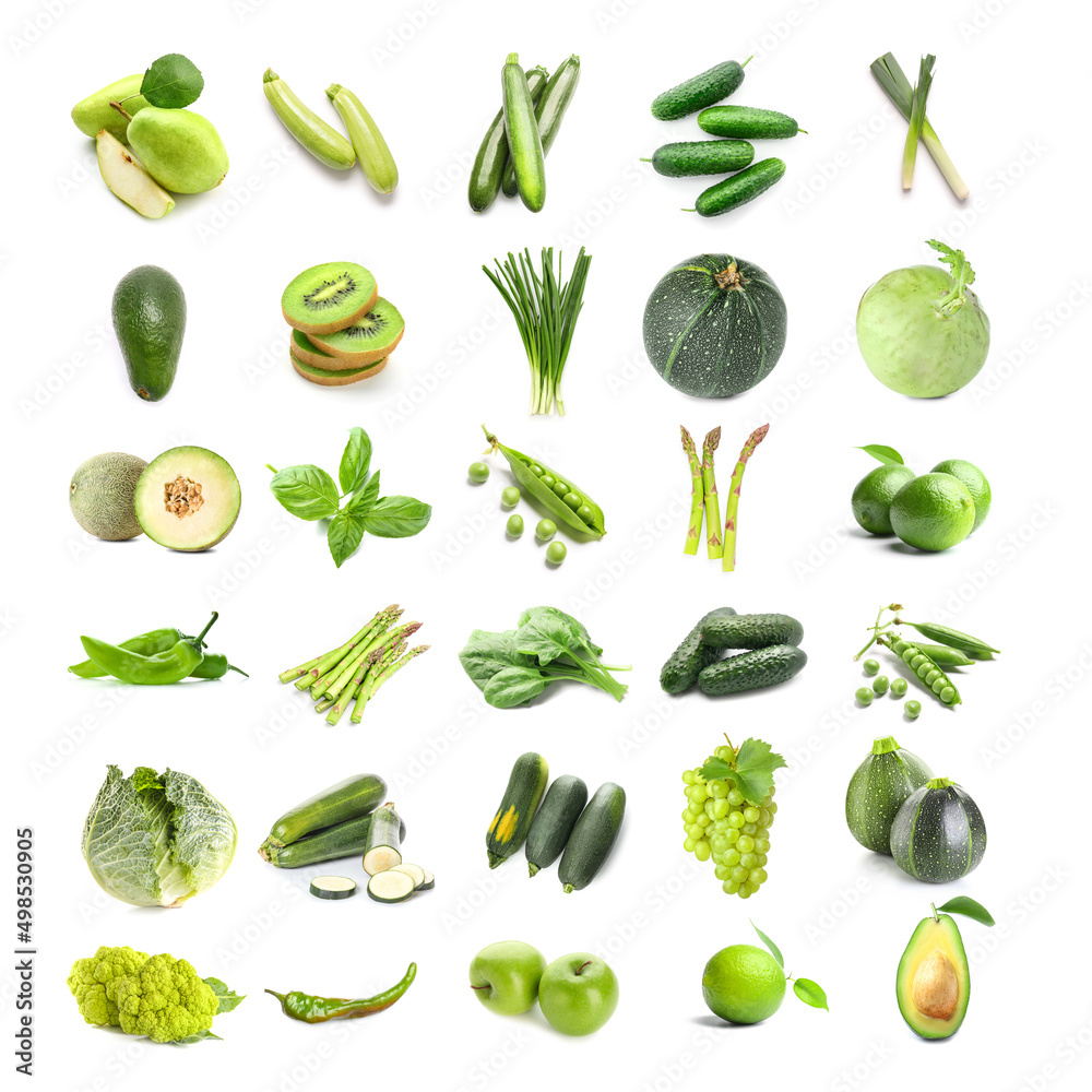 一套不同的绿色水果和蔬菜隔离在白色上