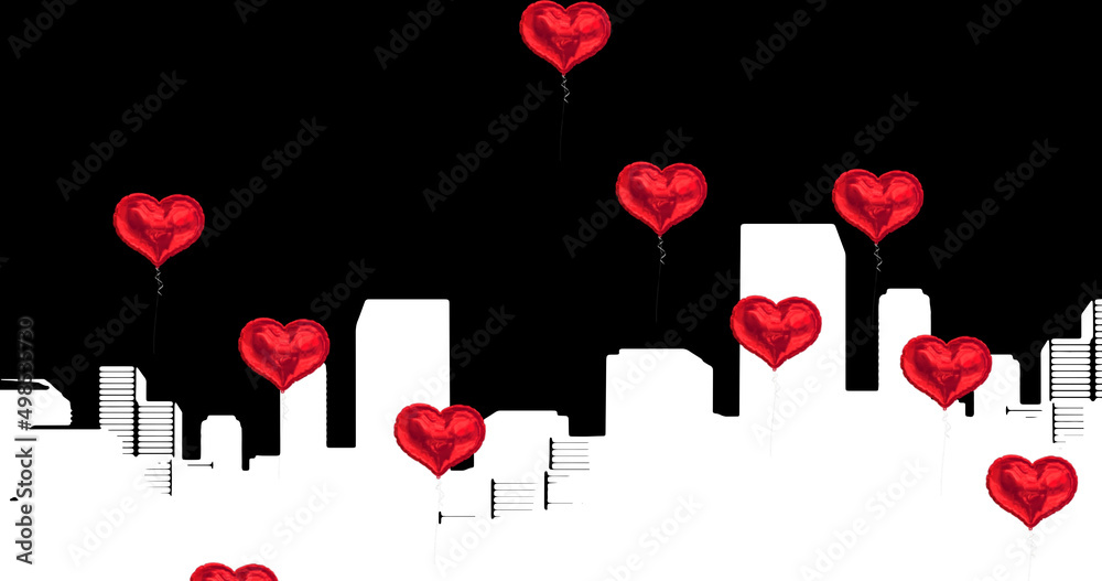 黑色背景下城市轮廓上红色心形气球的数字图像